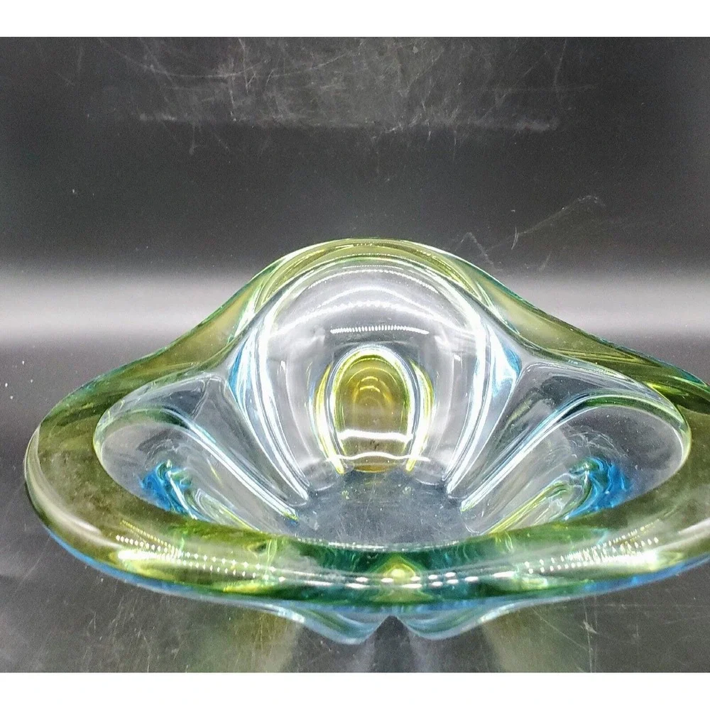 Vintage Walther Art Glass Decorative Bowl Triangle Green Blue 9